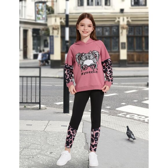 Girls Clothes Cool Girl Print Tie Dye Hoodie Pullover Sweatshirt Leggings 2PC Ou - Picture 2 of 5